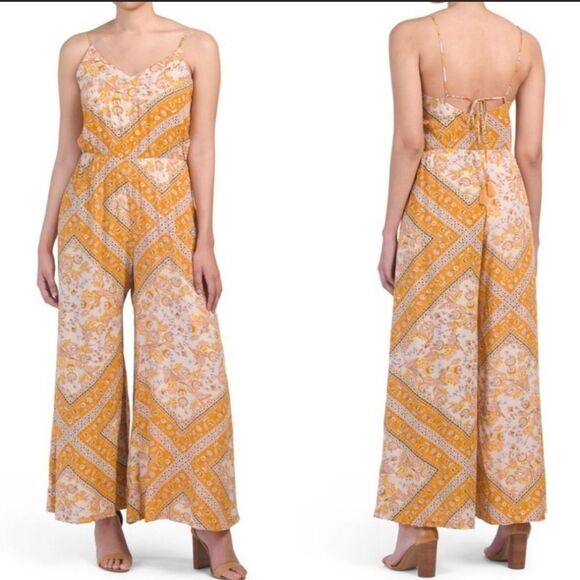 Free People | Jaase Romper Jumpsuit Rayon Medium Yellow Floral Paisley Festival - Picture 1 of 11